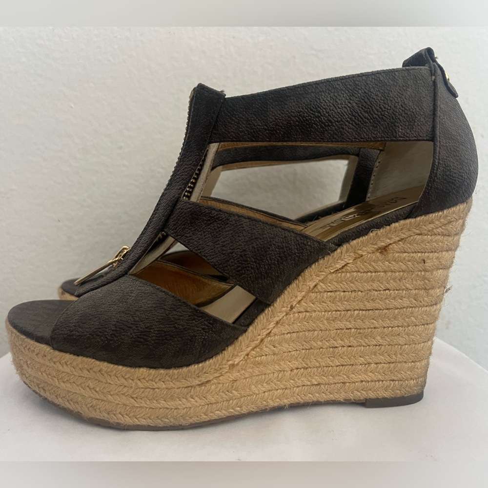 MICHAEL Michael Kors Damita Logo Zipper Wedge Sandal, Brown Neiman Marcus Neiman